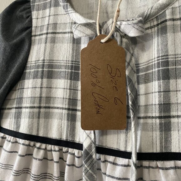 Handmade Children's 100% Cotton Grey White Plaid Ribbon Detail Dress - Picture 4 of 13